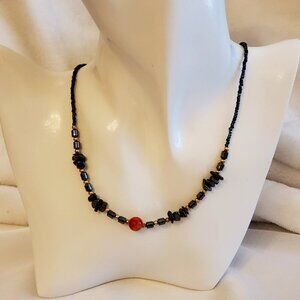 Amber & Black Stone Necklace, 19 inches